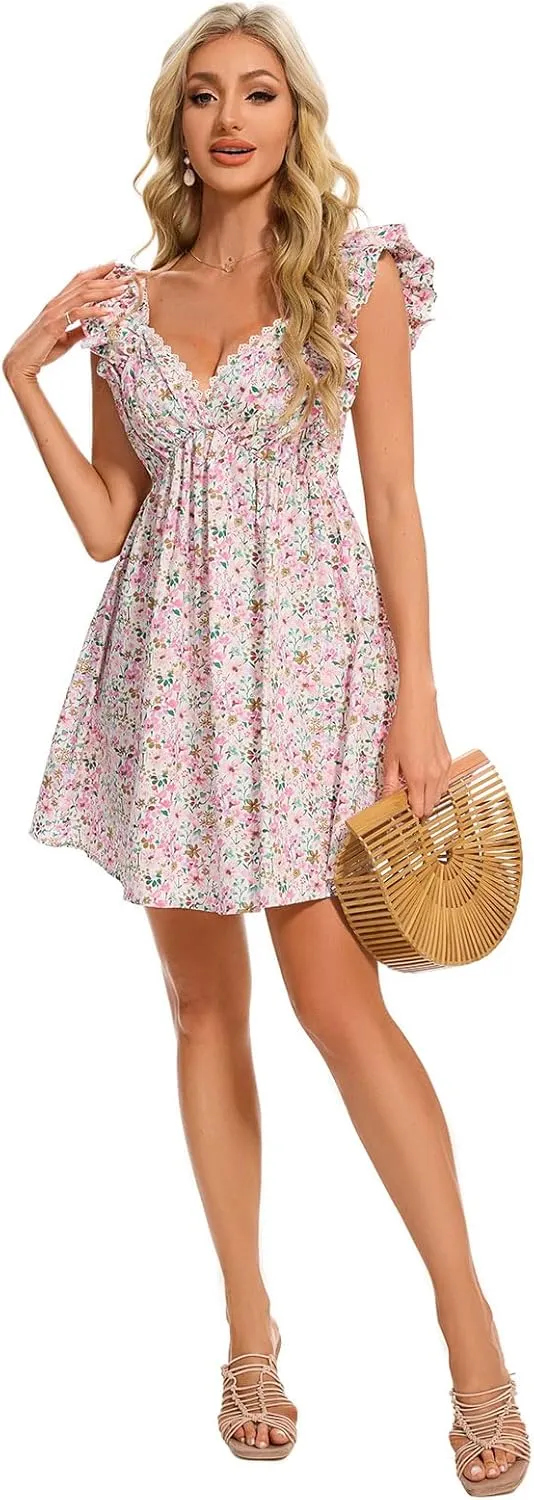 hibshaby Women's Floral Mini Dress V Neck Puff Sleeve Dress Short Babydoll Dress Sun Dress