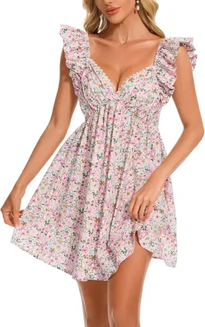 hibshaby Women's Floral Mini Dress V Neck Puff Sleeve Dress Short Babydoll Dress Sun Dress