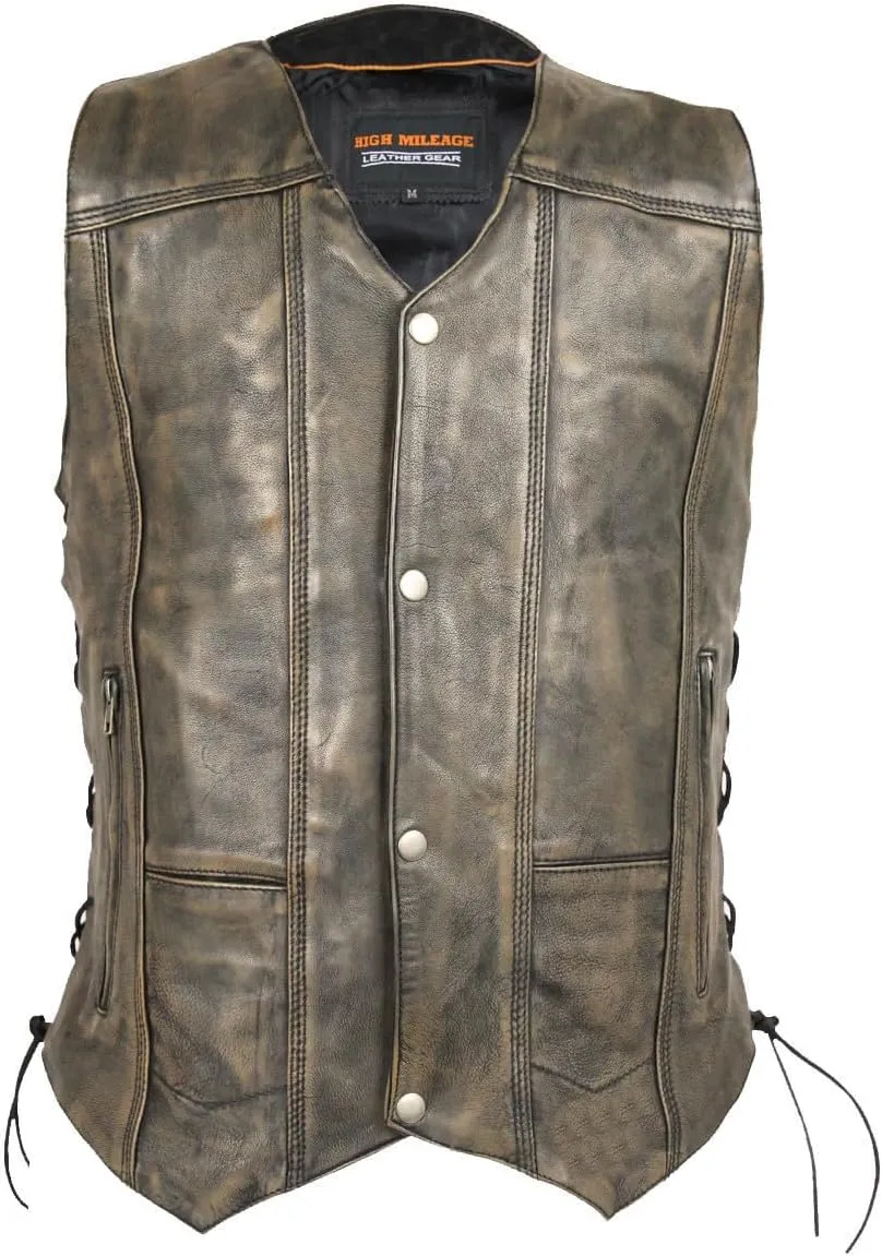 High Mileage Mens Distressed Premium Cowhide Ten Pocket Leather Motorcycle Vest with Dual Conceal Carry Pockets