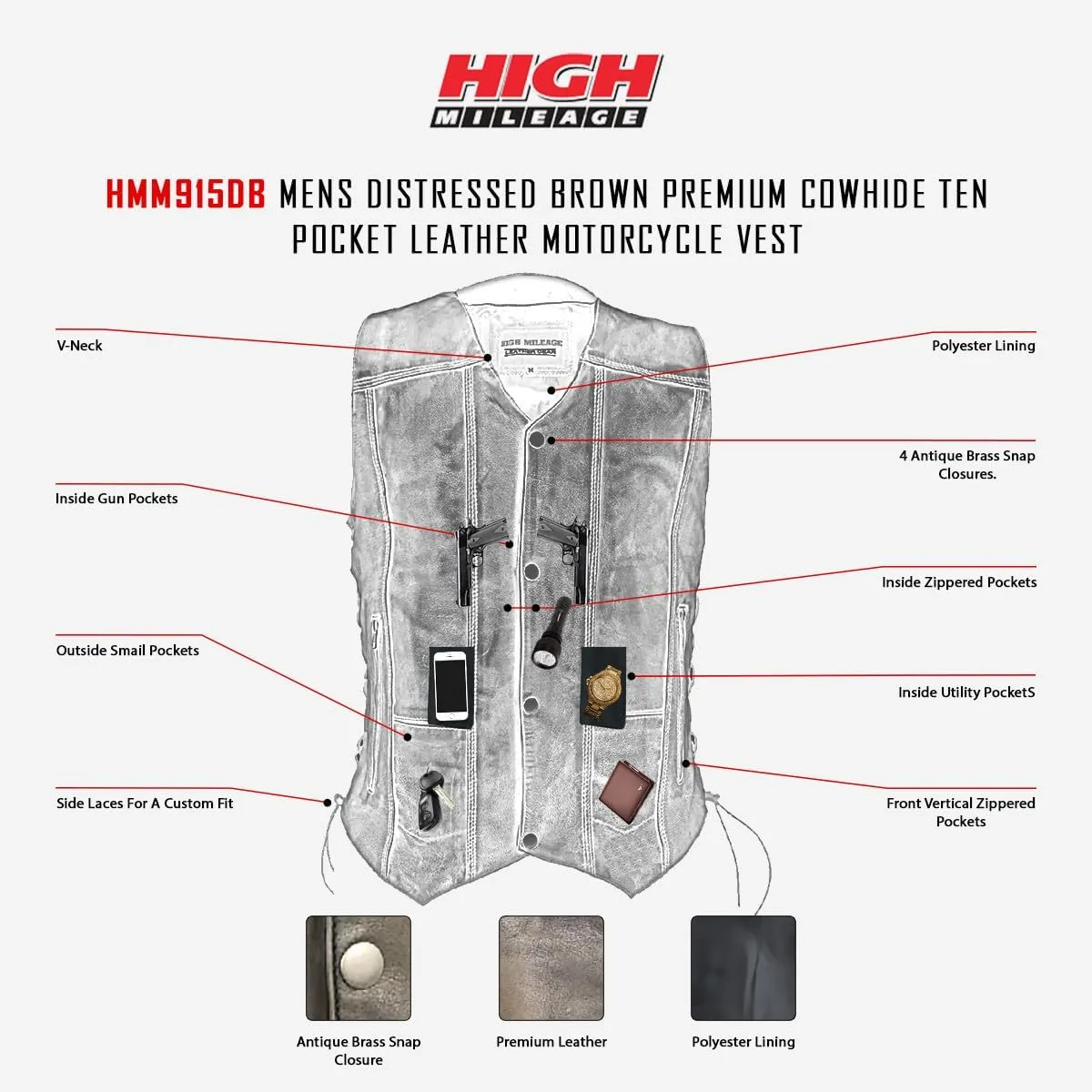 High Mileage Mens Distressed Premium Cowhide Ten Pocket Leather Motorcycle Vest with Dual Conceal Carry Pockets