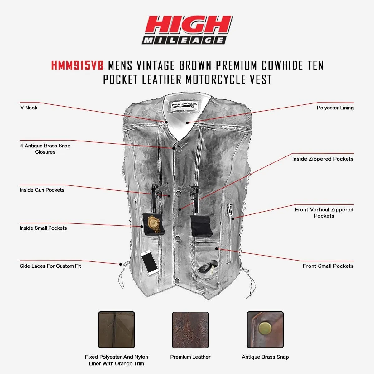 High Mileage Mens Distressed Premium Cowhide Ten Pocket Leather Motorcycle Vest with Dual Conceal Carry Pockets