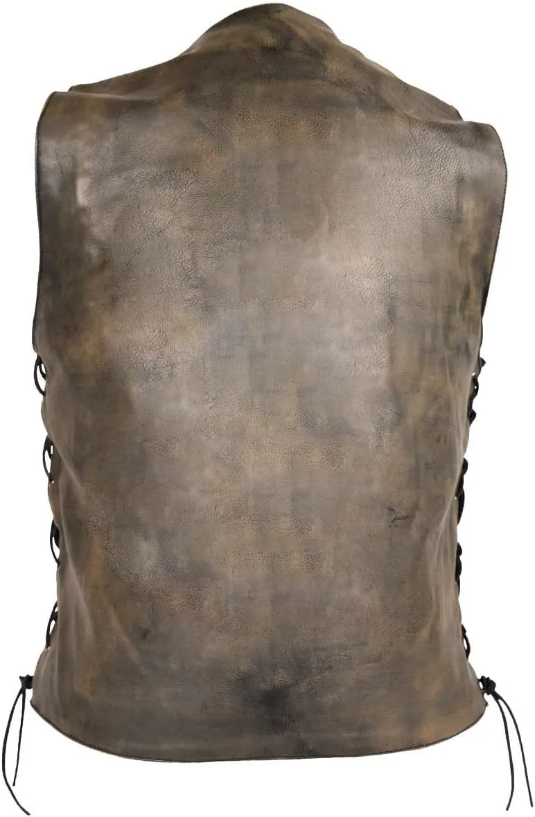 High Mileage Mens Distressed Premium Cowhide Ten Pocket Leather Motorcycle Vest with Dual Conceal Carry Pockets
