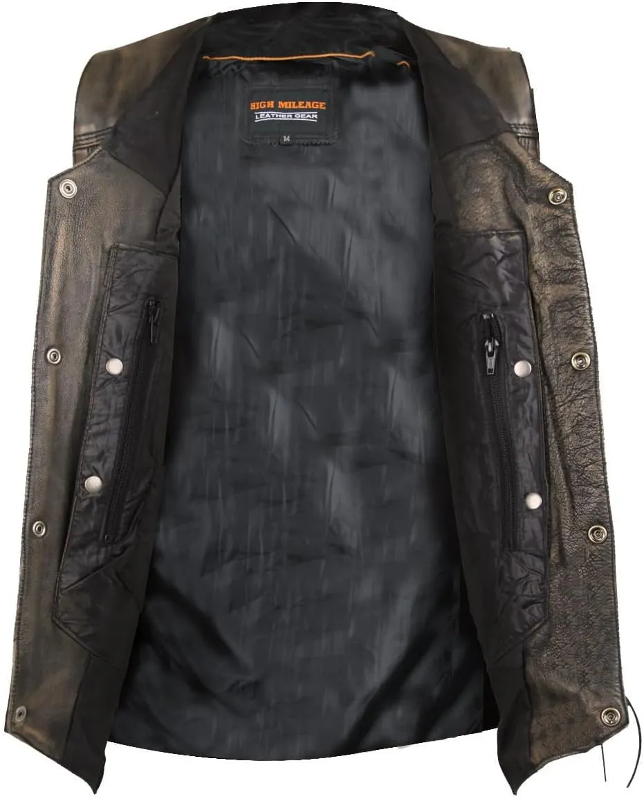High Mileage Mens Distressed Premium Cowhide Ten Pocket Leather Motorcycle Vest with Dual Conceal Carry Pockets