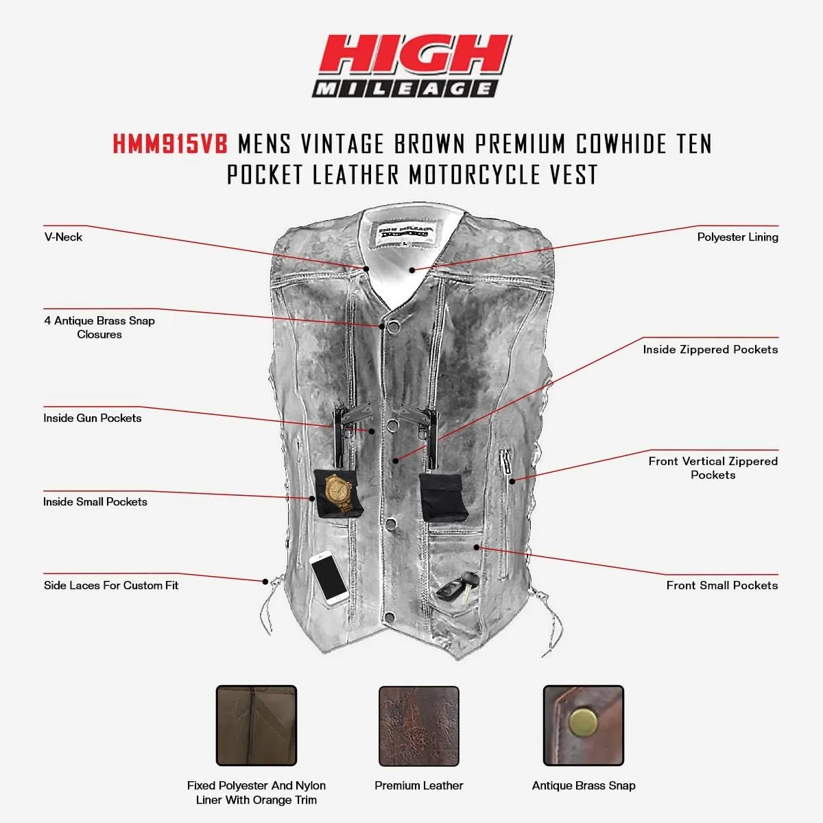 High Mileage Mens Distressed Premium Cowhide Ten Pocket Leather Motorcycle Vest with Dual Conceal Carry Pockets