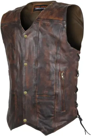 High Mileage Mens Distressed Premium Cowhide Ten Pocket Leather Motorcycle Vest with Dual Conceal Carry Pockets