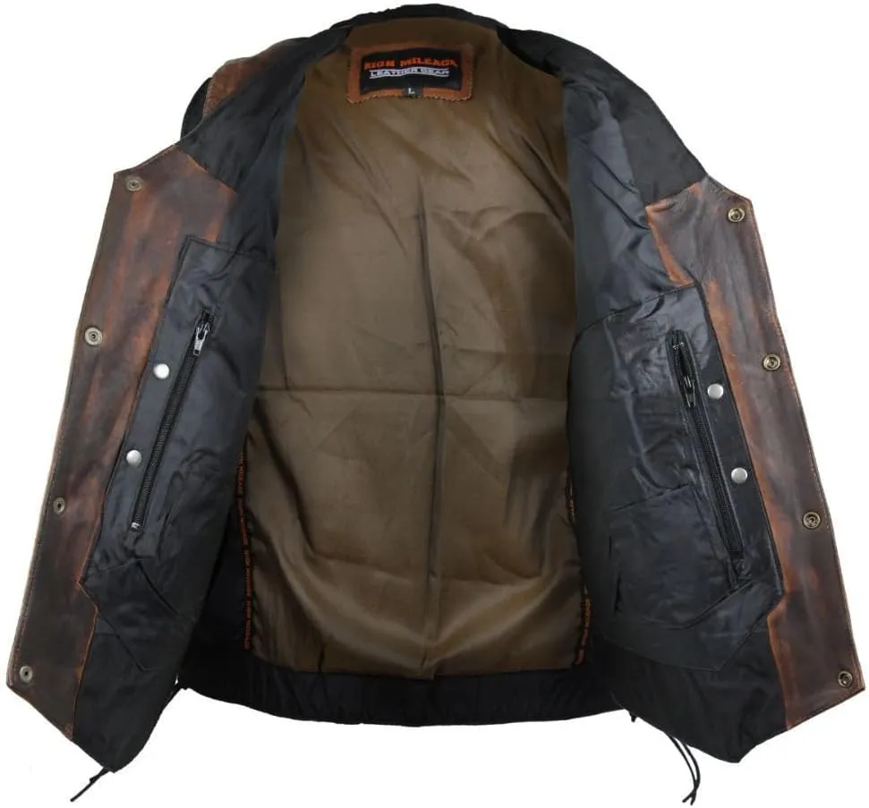 High Mileage Mens Distressed Premium Cowhide Ten Pocket Leather Motorcycle Vest with Dual Conceal Carry Pockets