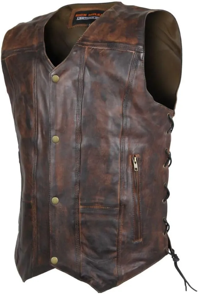 High Mileage Mens Distressed Premium Cowhide Ten Pocket Leather Motorcycle Vest with Dual Conceal Carry Pockets