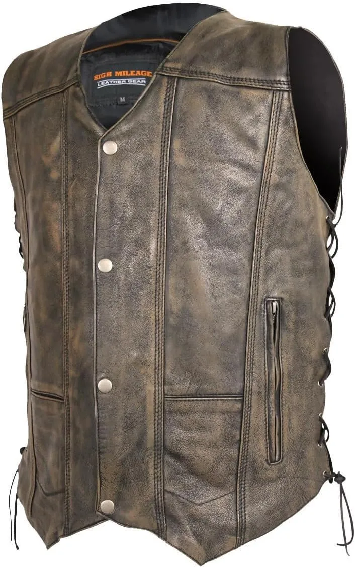 High Mileage Mens Distressed Premium Cowhide Ten Pocket Leather Motorcycle Vest with Dual Conceal Carry Pockets