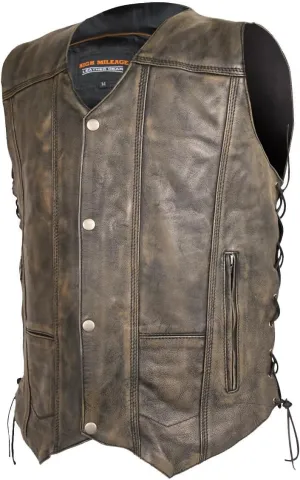 High Mileage Mens Distressed Premium Cowhide Ten Pocket Leather Motorcycle Vest with Dual Conceal Carry Pockets