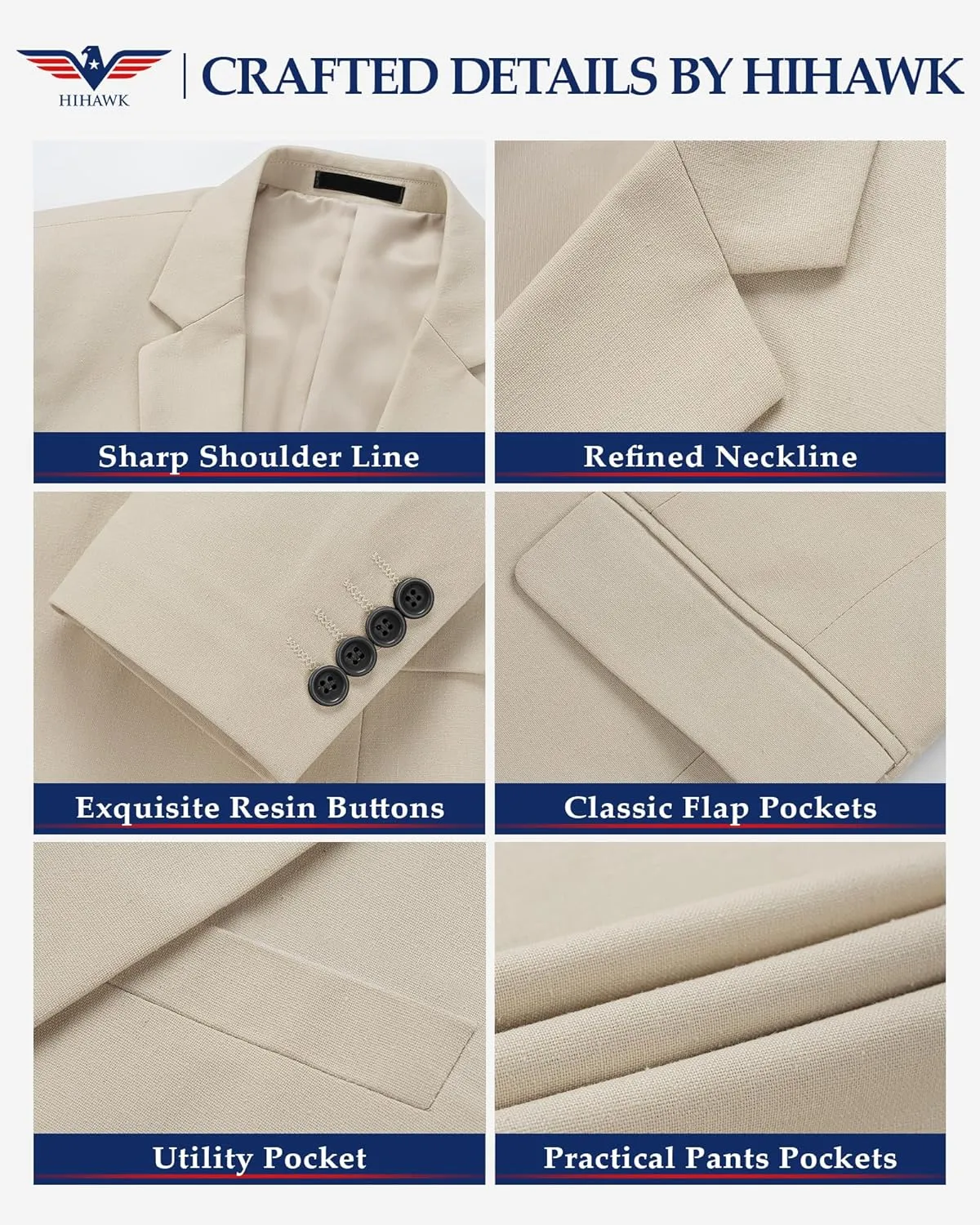 Hihawk Men 2 Piece Regular Fit Linen Suit, Casual Blazer Pants Set, Lightweight Jacket Trouser for Wedding Prom