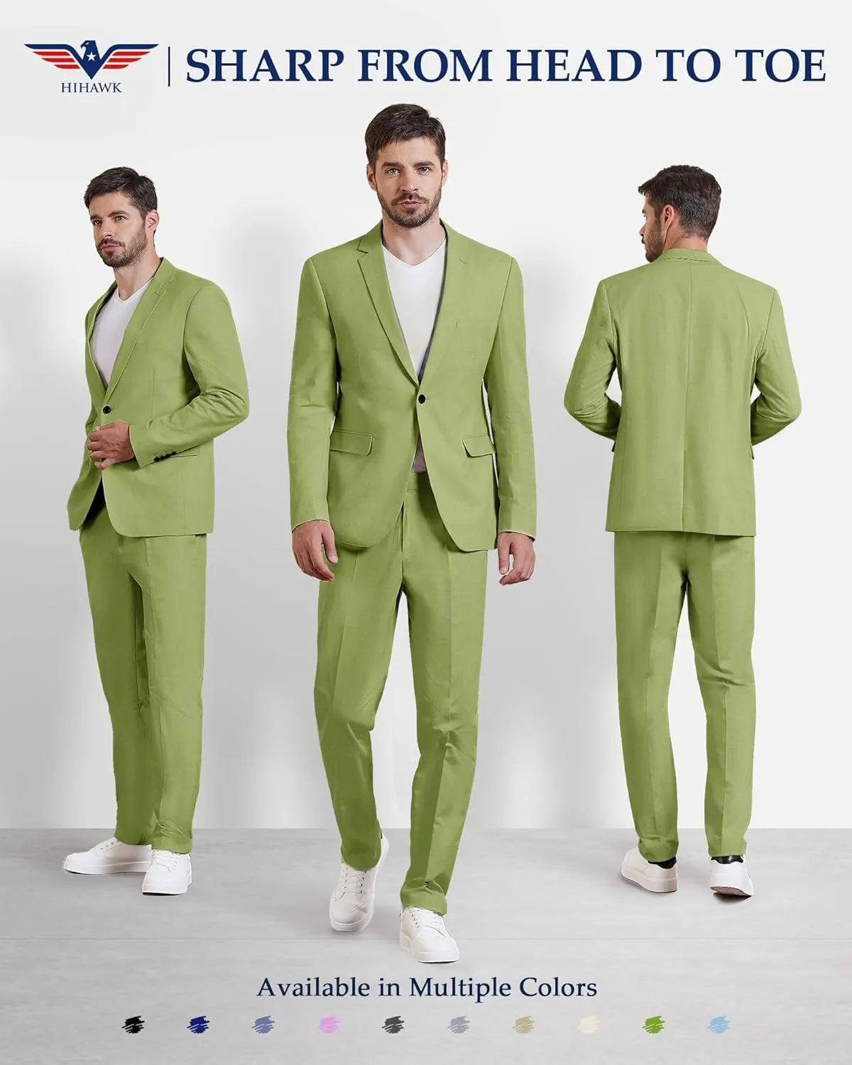 Hihawk Men 2 Piece Regular Fit Linen Suit, Casual Blazer Pants Set, Lightweight Jacket Trouser for Wedding Prom