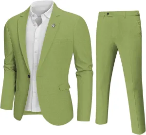 Hihawk Men 2 Piece Regular Fit Linen Suit, Casual Blazer Pants Set, Lightweight Jacket Trouser for Wedding Prom