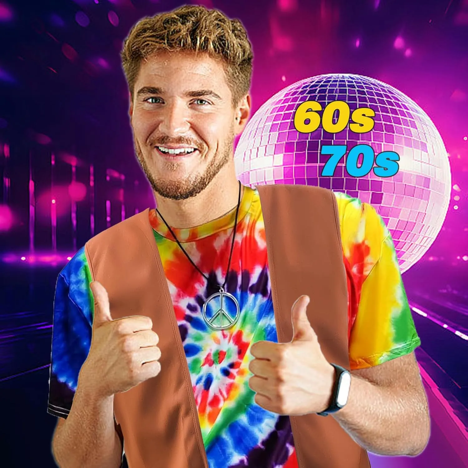 Hippie Costume for Men 60s 70s Fringe Vest Colorful T-shirt Set Carnival Party Tassel Vest Hippy Halloween Costume