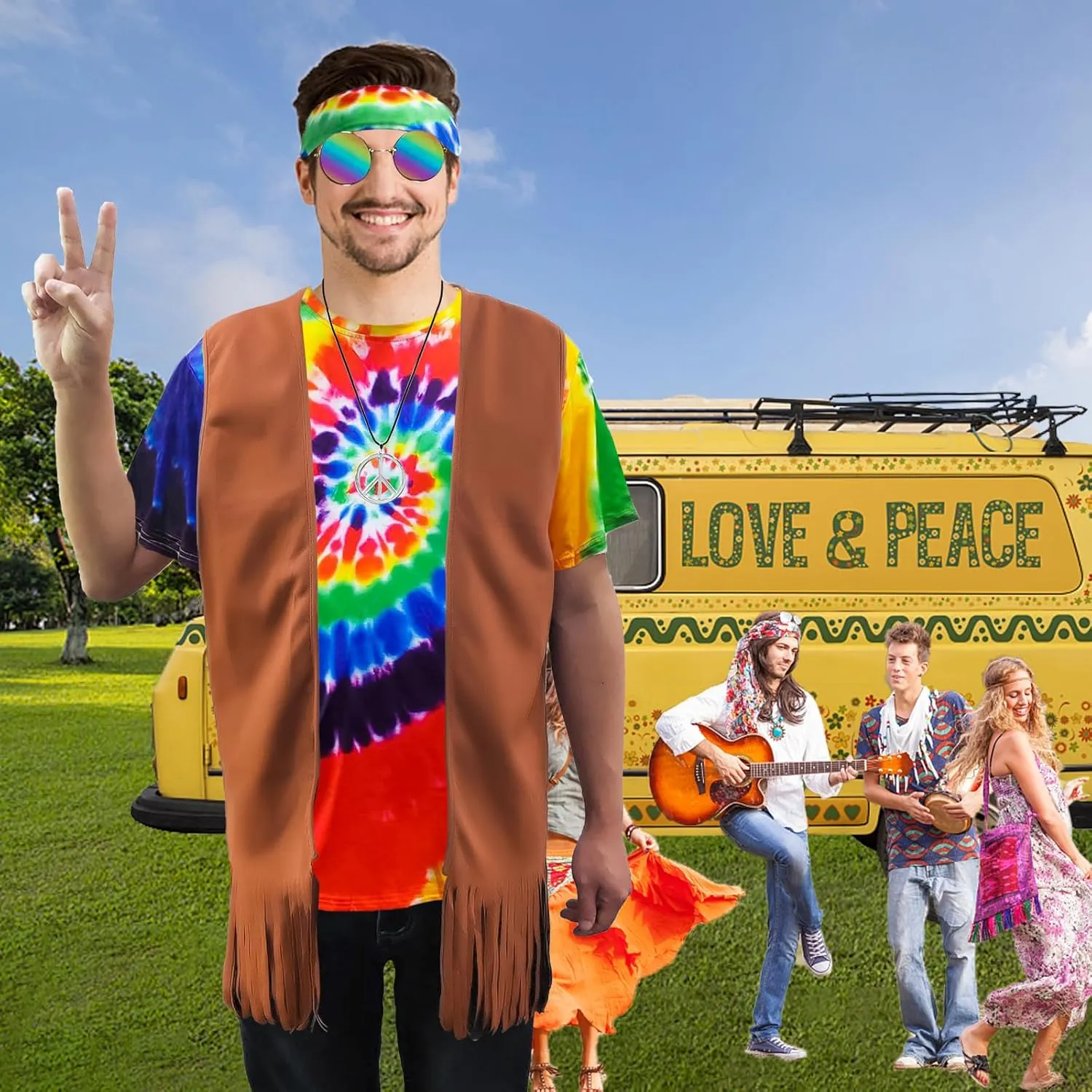Hippie Costume for Men 60s 70s Fringe Vest Colorful T-shirt Set Carnival Party Tassel Vest Hippy Halloween Costume
