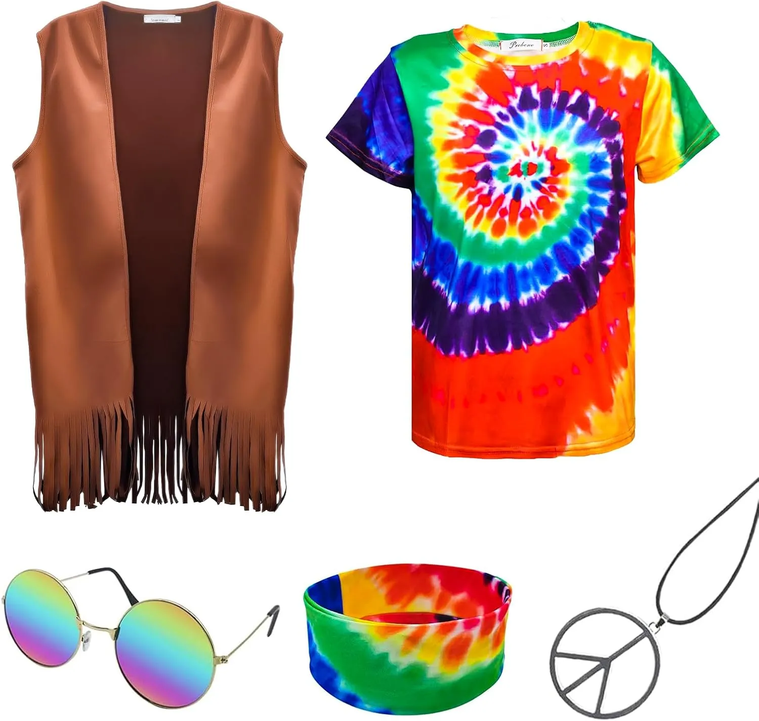 Hippie Costume for Men 60s 70s Fringe Vest Colorful T-shirt Set Carnival Party Tassel Vest Hippy Halloween Costume