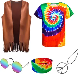 Hippie Costume for Men 60s 70s Fringe Vest Colorful T-shirt Set Carnival Party Tassel Vest Hippy Halloween Costume
