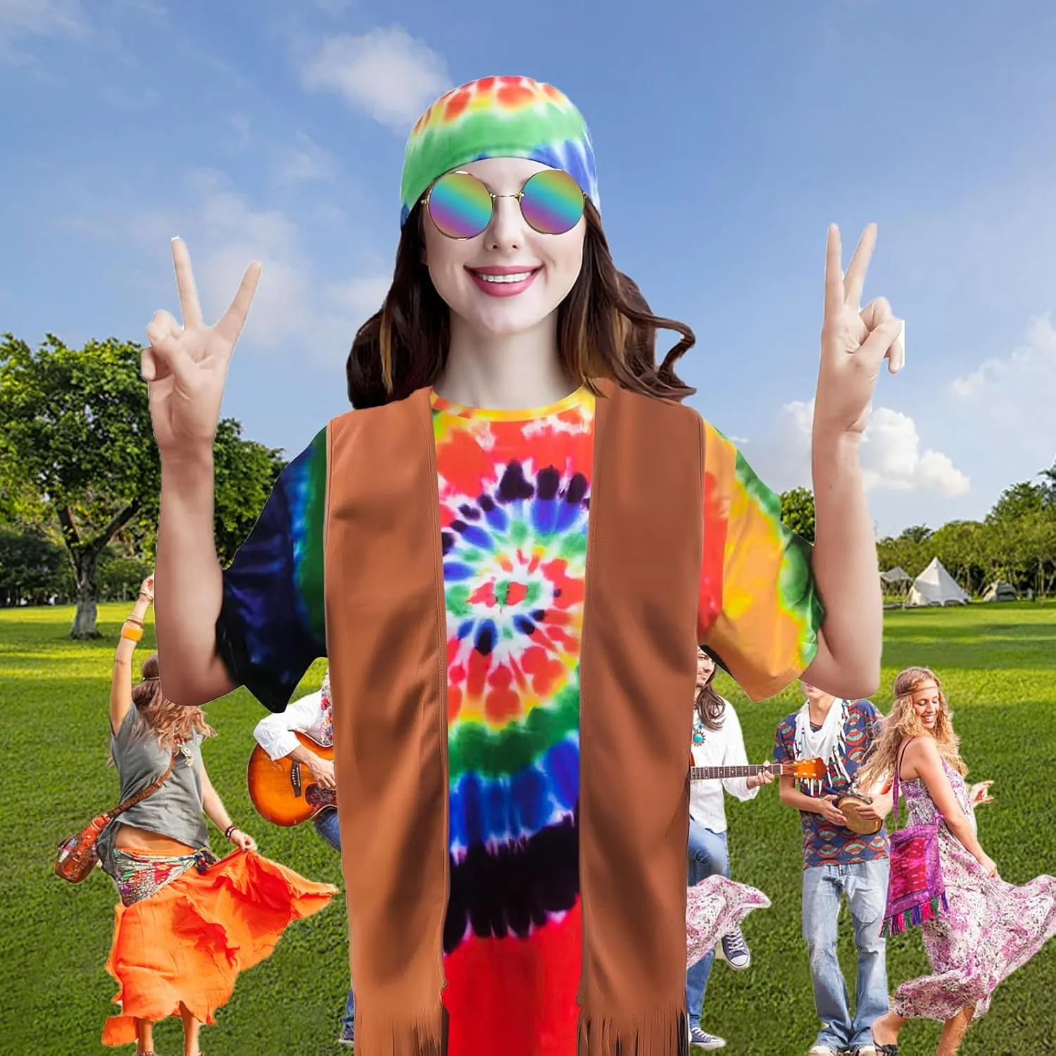 Hippie Costume for Men 60s 70s Fringe Vest Colorful T-shirt Set Carnival Party Tassel Vest Hippy Halloween Costume