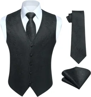 HISDERN Men's Vest Tie Set Paisley Floral Jacquard Necktie Pocket Square 3PCS Waistcoat for Suit or Tuxedo Wedding Party