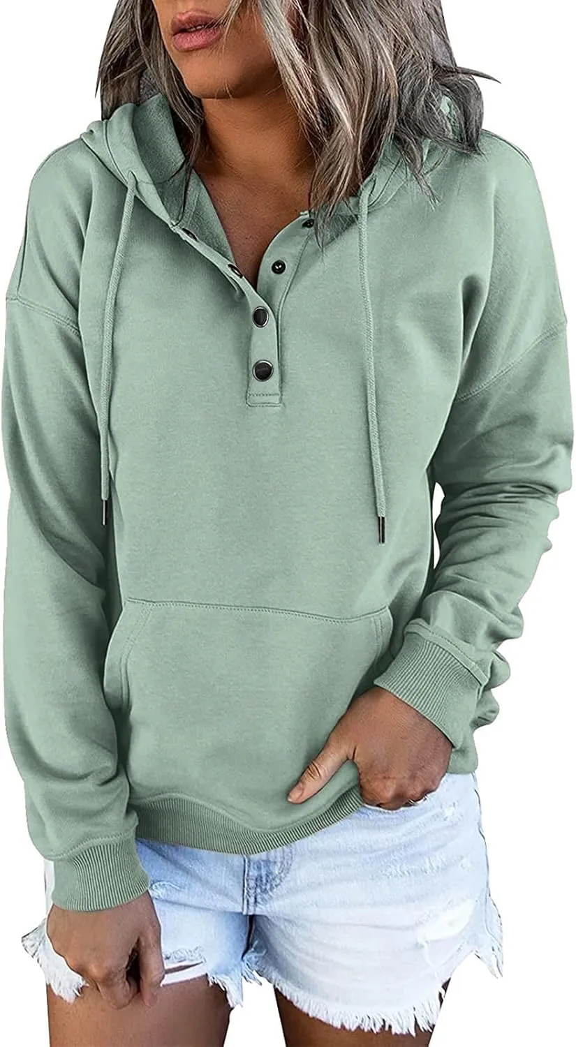 Hoodies for Women Button Collar Drawstring Lightweight Hooded Sweatshirt Casual Long Sleeve Pullover Tops Trendy Fall Clothes