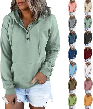 Hoodies for Women Button Collar Drawstring Lightweight Hooded Sweatshirt Casual Long Sleeve Pullover Tops Trendy Fall Clothes