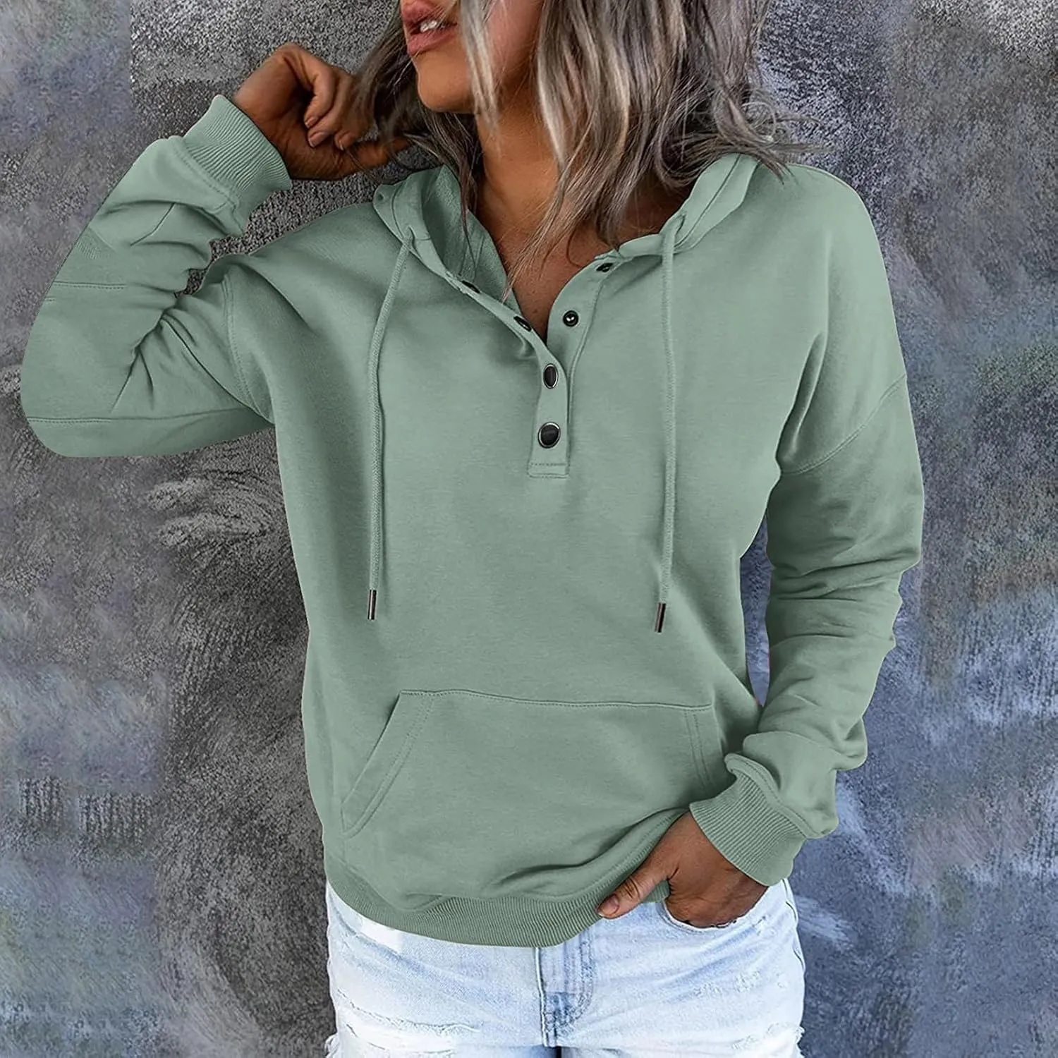 Hoodies for Women Button Collar Drawstring Lightweight Hooded Sweatshirt Casual Long Sleeve Pullover Tops Trendy Fall Clothes