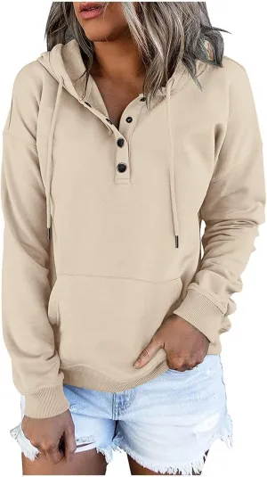 Hoodies for Women Button Collar Drawstring Lightweight Hooded Sweatshirt Casual Long Sleeve Pullover Tops Trendy Fall Clothes