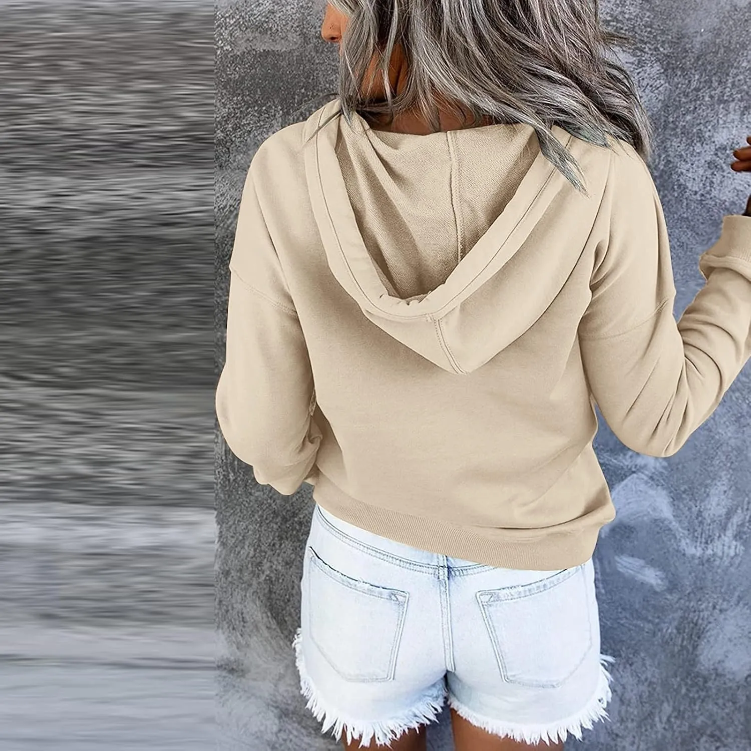 Hoodies for Women Button Collar Drawstring Lightweight Hooded Sweatshirt Casual Long Sleeve Pullover Tops Trendy Fall Clothes