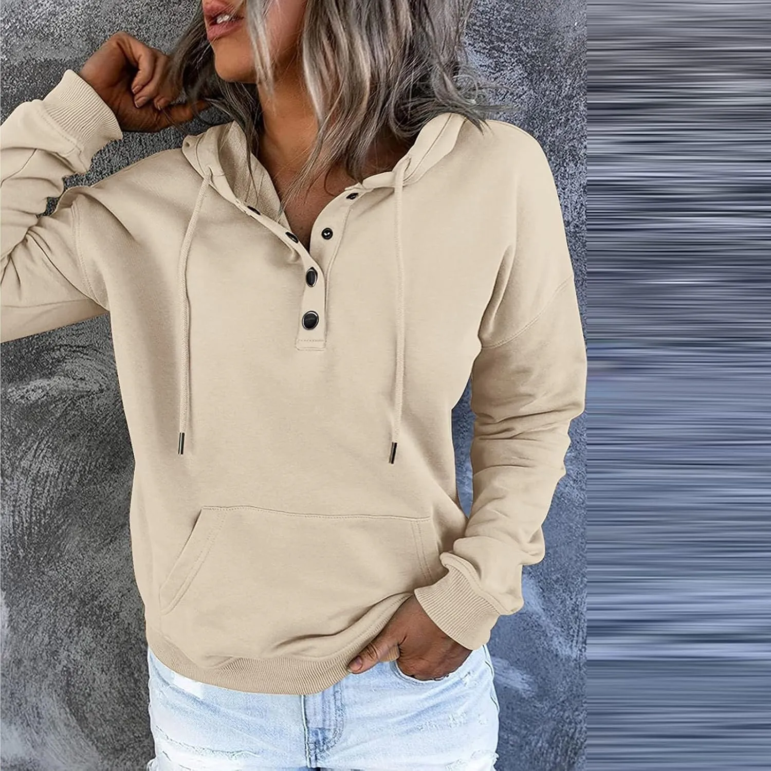 Hoodies for Women Button Collar Drawstring Lightweight Hooded Sweatshirt Casual Long Sleeve Pullover Tops Trendy Fall Clothes