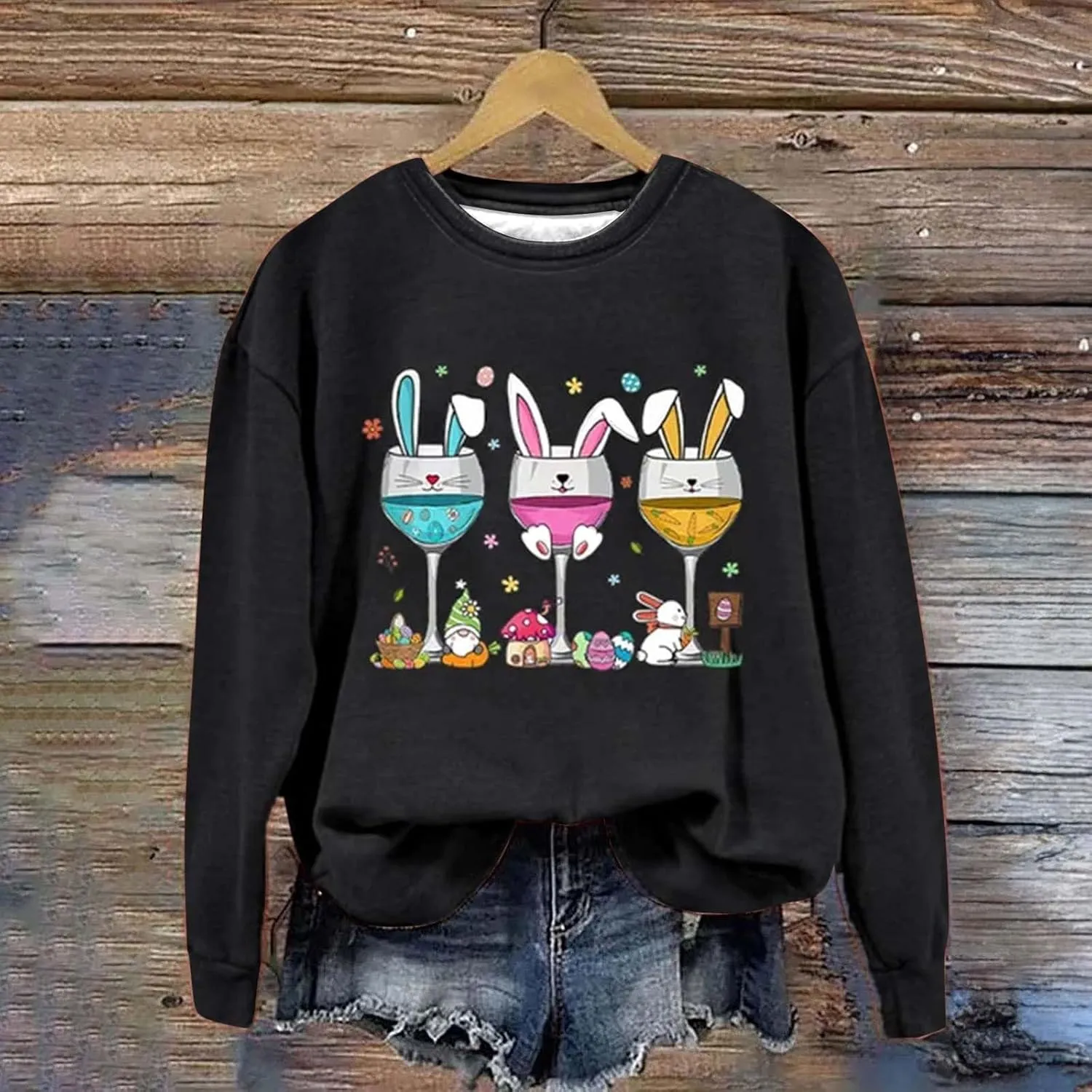 Hoodies For Women For Women Easter Eggs Graphic Loose Fit Crew Neck Sweat Shirts Festival Long Sleeve Tops with Pocket