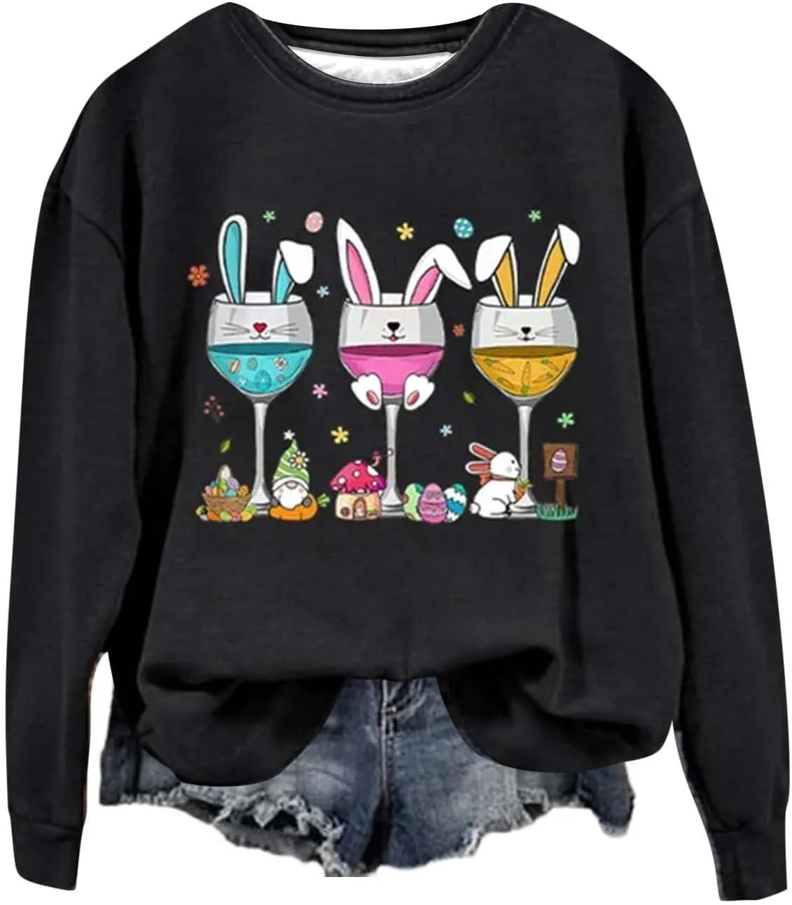 Hoodies For Women For Women Easter Eggs Graphic Loose Fit Crew Neck Sweat Shirts Festival Long Sleeve Tops with Pocket