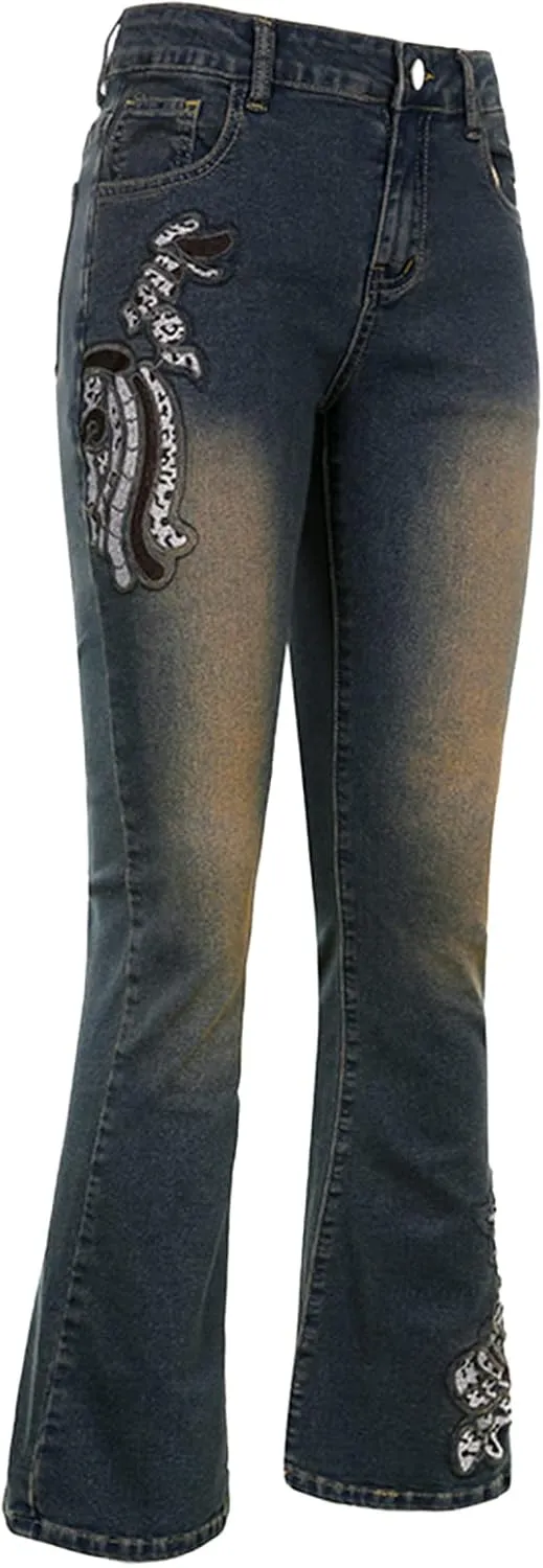 HOXIJIA Women High Waisted Wide Leg Denim Pants Y2K Patterned Baggy Flared Hem Jeans Stretch Bell Bottom Trousers