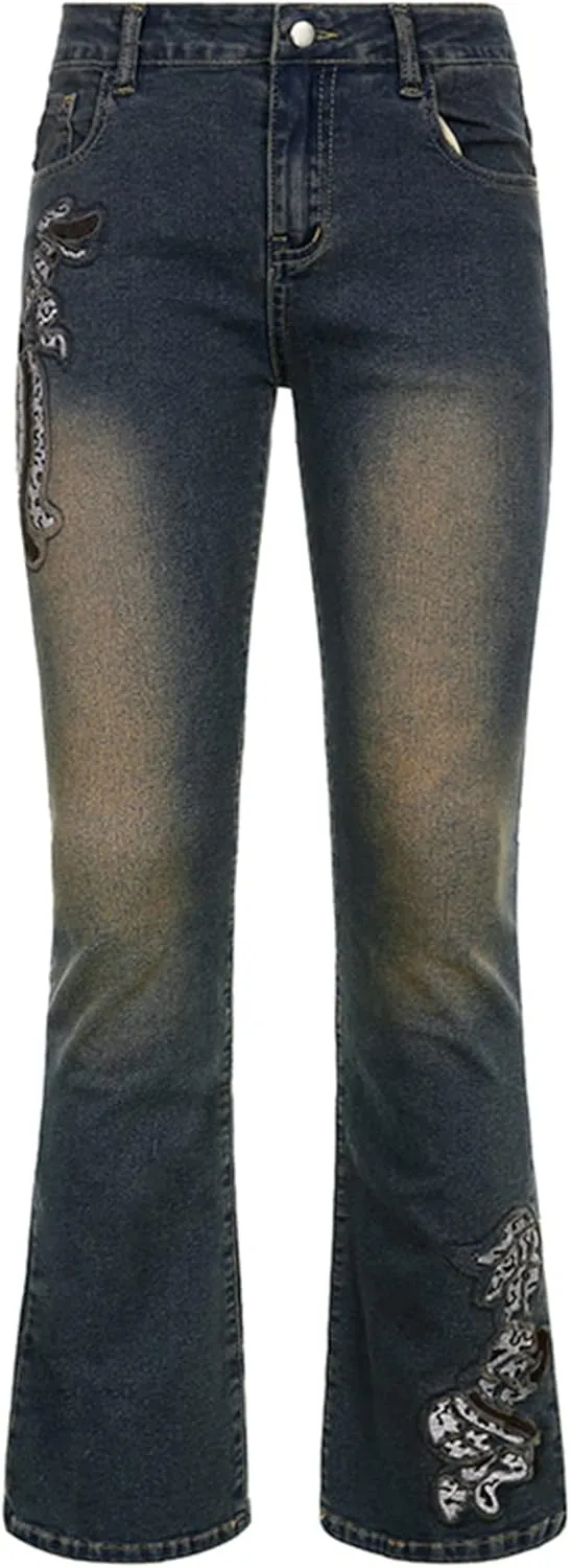 HOXIJIA Women High Waisted Wide Leg Denim Pants Y2K Patterned Baggy Flared Hem Jeans Stretch Bell Bottom Trousers