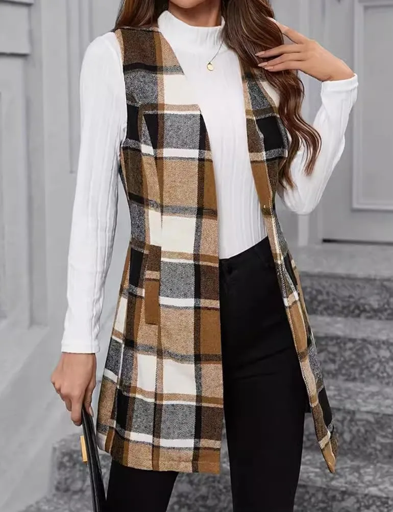 IDEALSANXUN Long Plaid Vest for Women Fall Winter Trench Coat Sleeveless Blazer Jacket Cardigan Wool Vest Top Waistcoat