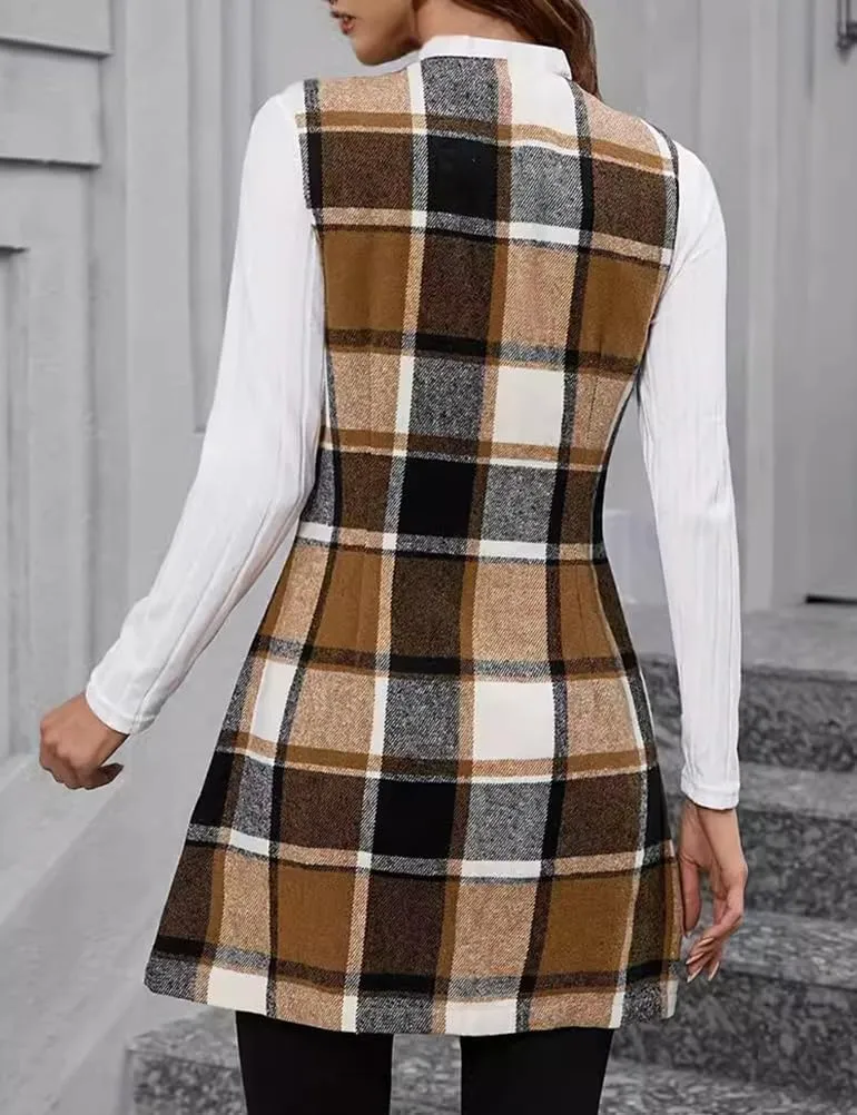 IDEALSANXUN Long Plaid Vest for Women Fall Winter Trench Coat Sleeveless Blazer Jacket Cardigan Wool Vest Top Waistcoat