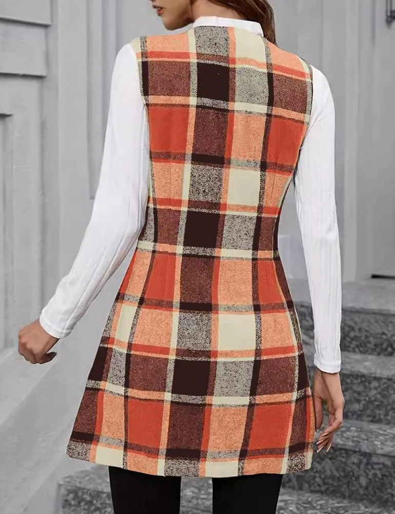 IDEALSANXUN Long Plaid Vest for Women Fall Winter Trench Coat Sleeveless Blazer Jacket Cardigan Wool Vest Top Waistcoat