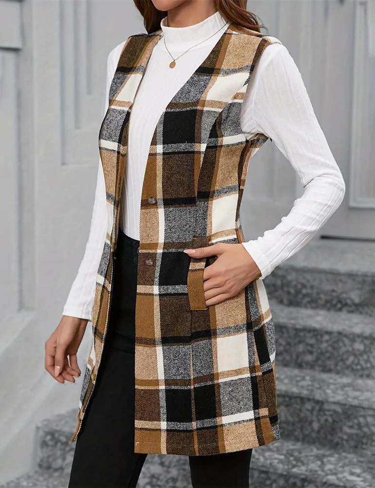 IDEALSANXUN Long Plaid Vest for Women Fall Winter Trench Coat Sleeveless Blazer Jacket Cardigan Wool Vest Top Waistcoat