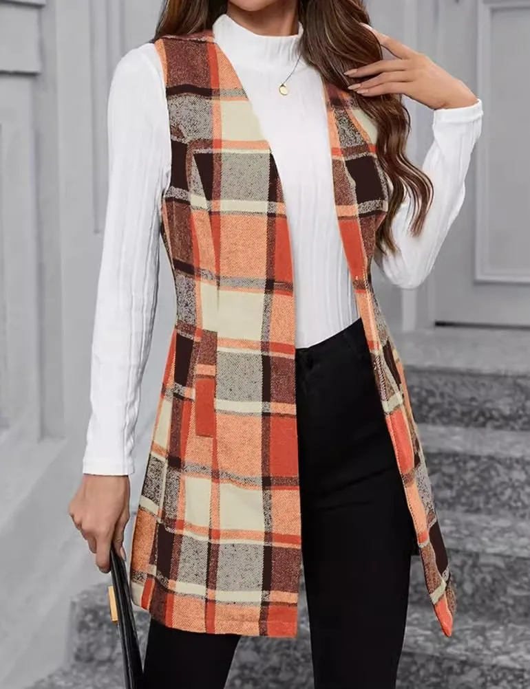 IDEALSANXUN Long Plaid Vest for Women Fall Winter Trench Coat Sleeveless Blazer Jacket Cardigan Wool Vest Top Waistcoat