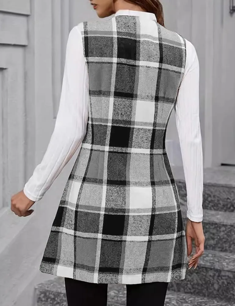 IDEALSANXUN Long Plaid Vest for Women Fall Winter Trench Coat Sleeveless Blazer Jacket Cardigan Wool Vest Top Waistcoat