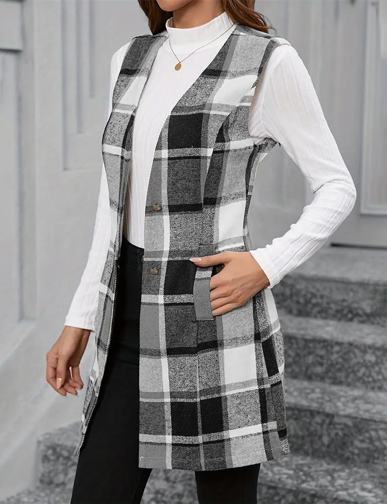 IDEALSANXUN Long Plaid Vest for Women Fall Winter Trench Coat Sleeveless Blazer Jacket Cardigan Wool Vest Top Waistcoat