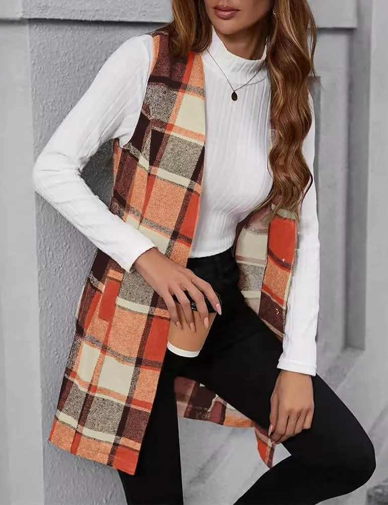 IDEALSANXUN Long Plaid Vest for Women Fall Winter Trench Coat Sleeveless Blazer Jacket Cardigan Wool Vest Top Waistcoat
