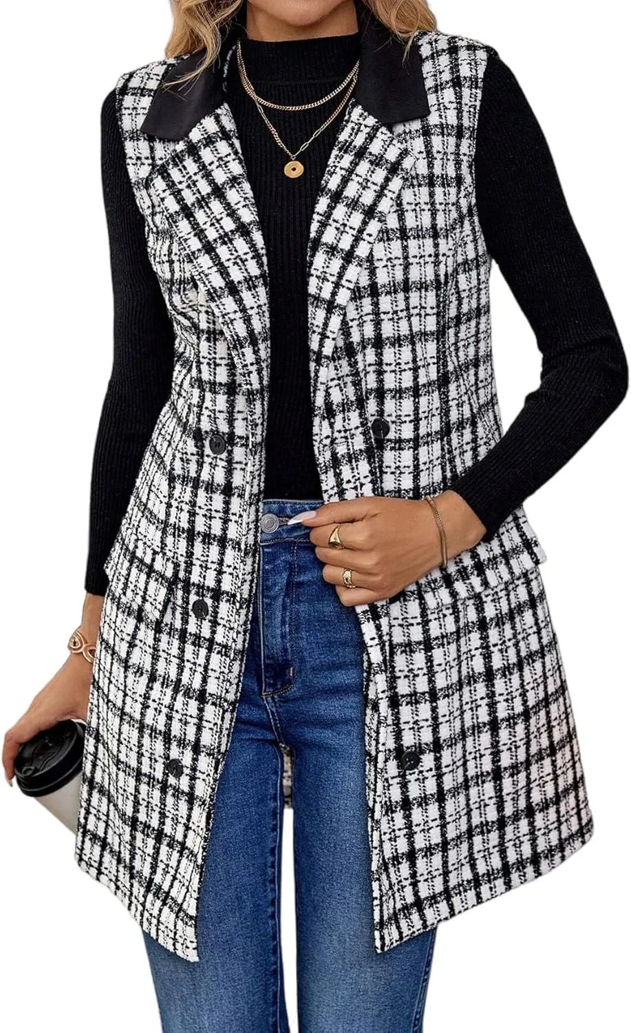 IDEALSANXUN Womens Long Tweed Vest Fall Winter Sleeveless Blazer Jackets Trench Coat