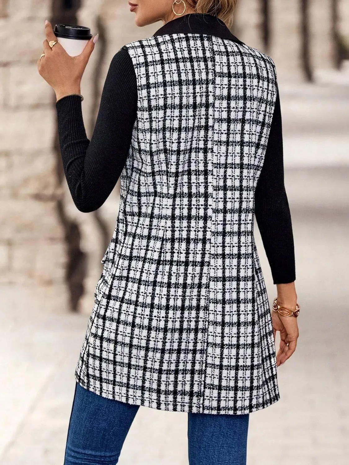 IDEALSANXUN Womens Long Tweed Vest Fall Winter Sleeveless Blazer Jackets Trench Coat