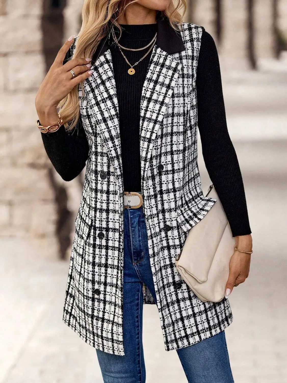 IDEALSANXUN Womens Long Tweed Vest Fall Winter Sleeveless Blazer Jackets Trench Coat