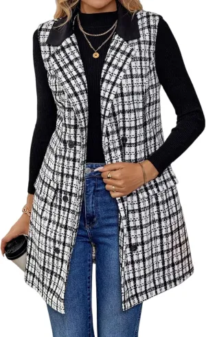 IDEALSANXUN Womens Long Tweed Vest Fall Winter Sleeveless Blazer Jackets Trench Coat