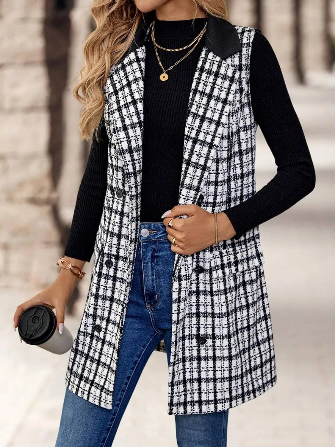 IDEALSANXUN Womens Long Tweed Vest Fall Winter Sleeveless Blazer Jackets Trench Coat