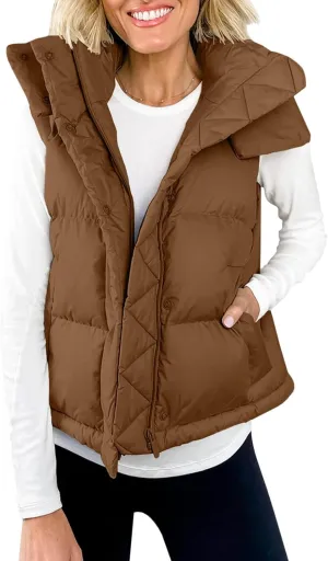 Imily Bela Womens Quilted Puffer Vest Hooded Winter Casual Stand Collar Gilet With Pockets