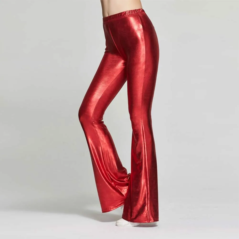 IWEMEK Women Shiny Metallic Bell Bottom Bootcut Palazzo Leggings 70s Disco Wide Leg Pants High Waist Dance Yoga Trousers