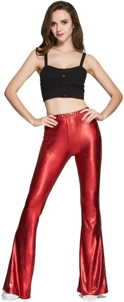 IWEMEK Women Shiny Metallic Bell Bottom Bootcut Palazzo Leggings 70s Disco Wide Leg Pants High Waist Dance Yoga Trousers