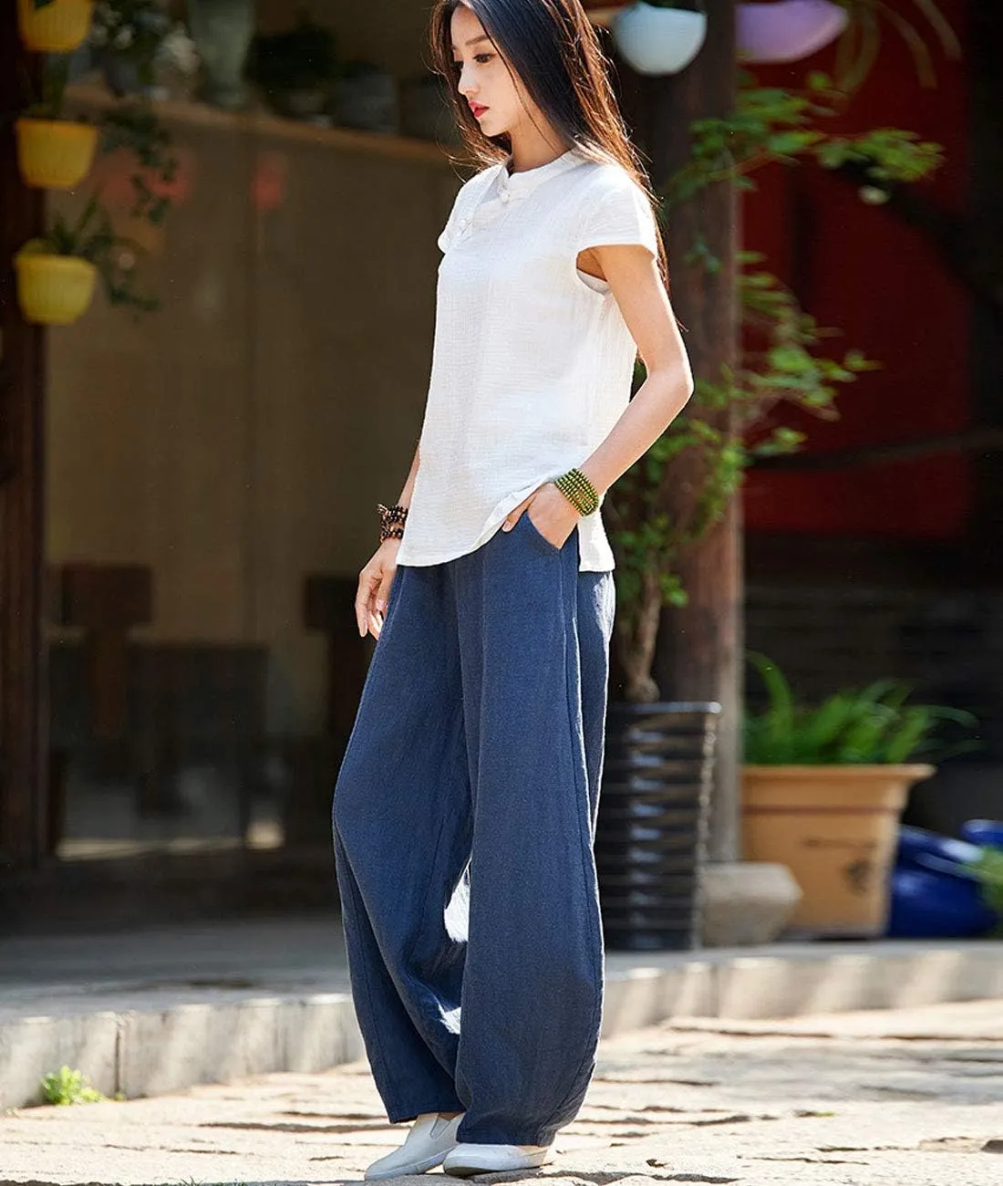 IXIMO Women's Casual Cotton Linen Baggy Pants with Elastic Waist Relax Fit Lantern Trouser