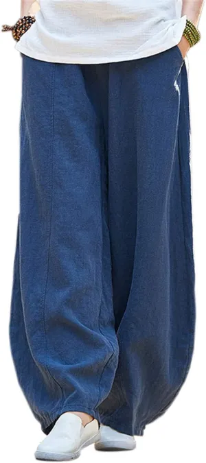 IXIMO Women's Casual Cotton Linen Baggy Pants with Elastic Waist Relax Fit Lantern Trouser